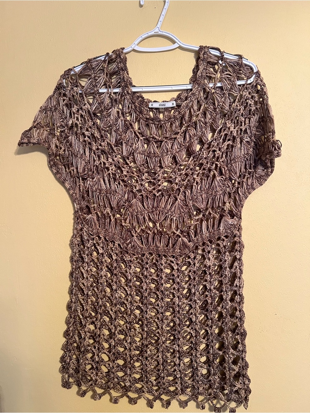 Sioni Brown Crochet Scoop-Neck Short Sleeve Sweater